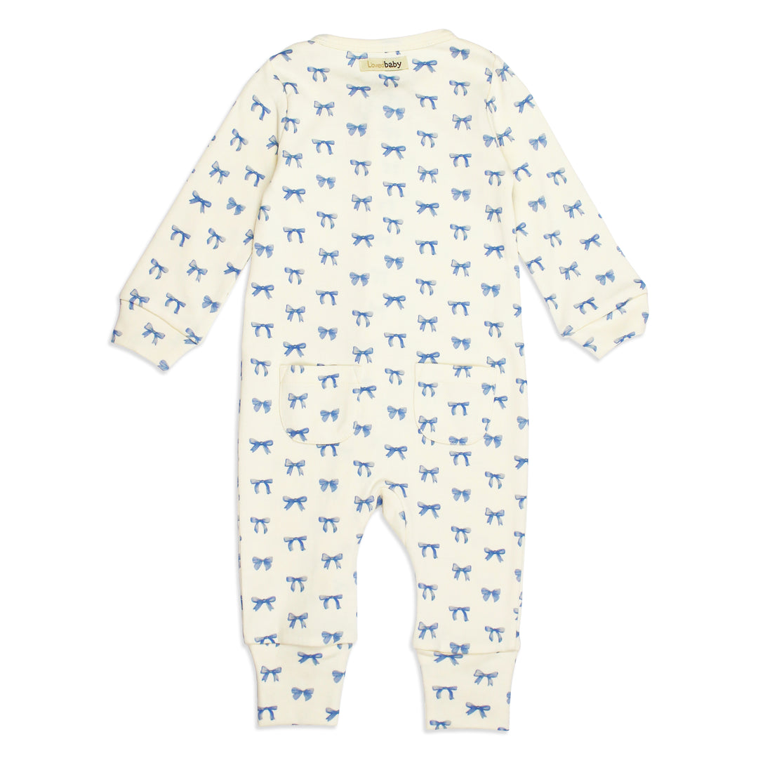 flat image of organic footless romper in blue ribbon print (back side)