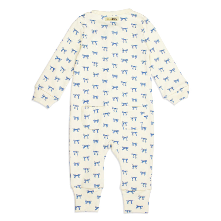 flat image of organic footless romper in blue ribbon print (back side)