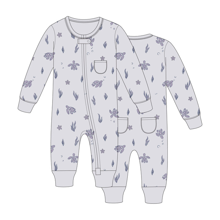 Organic Footless 2-Way Zipper Romper in Sea Turtle.