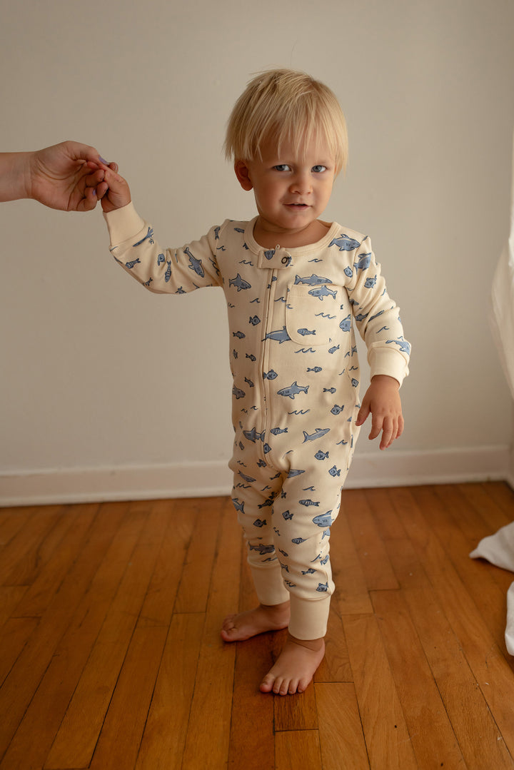 Child wearing Organic Footless 2-Way Zipper Romper in Shark.