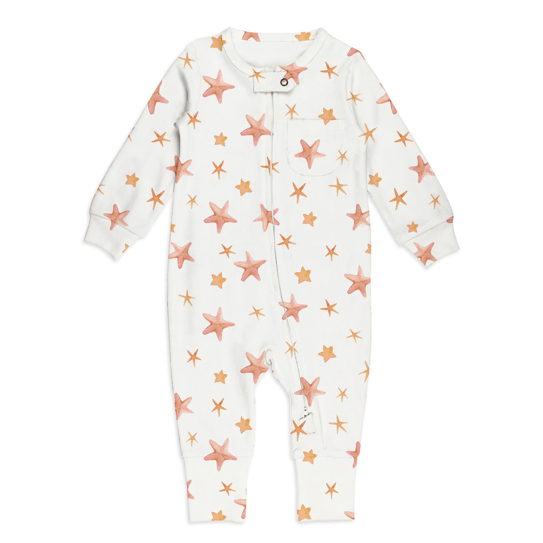 flat image of 2-way footless zipper romper in starfish print, with drop shadow
