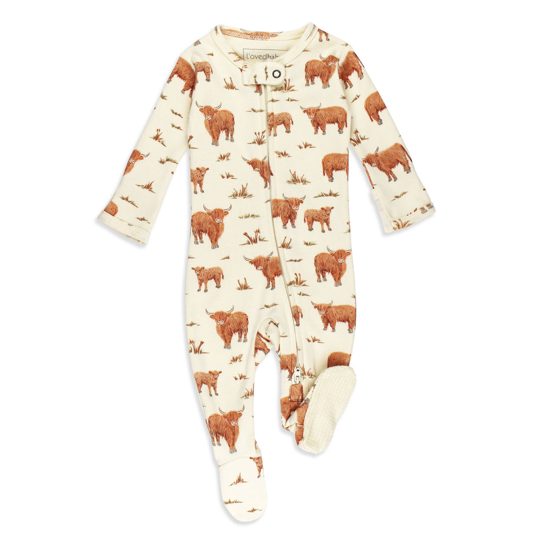 Organic 2-Way Zipper Footie in Highland Cow.