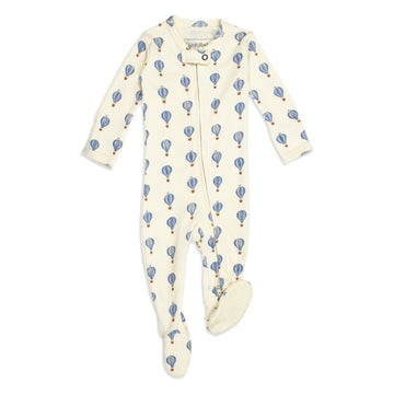flat image of organic zipper footie in blue hot air ballon print