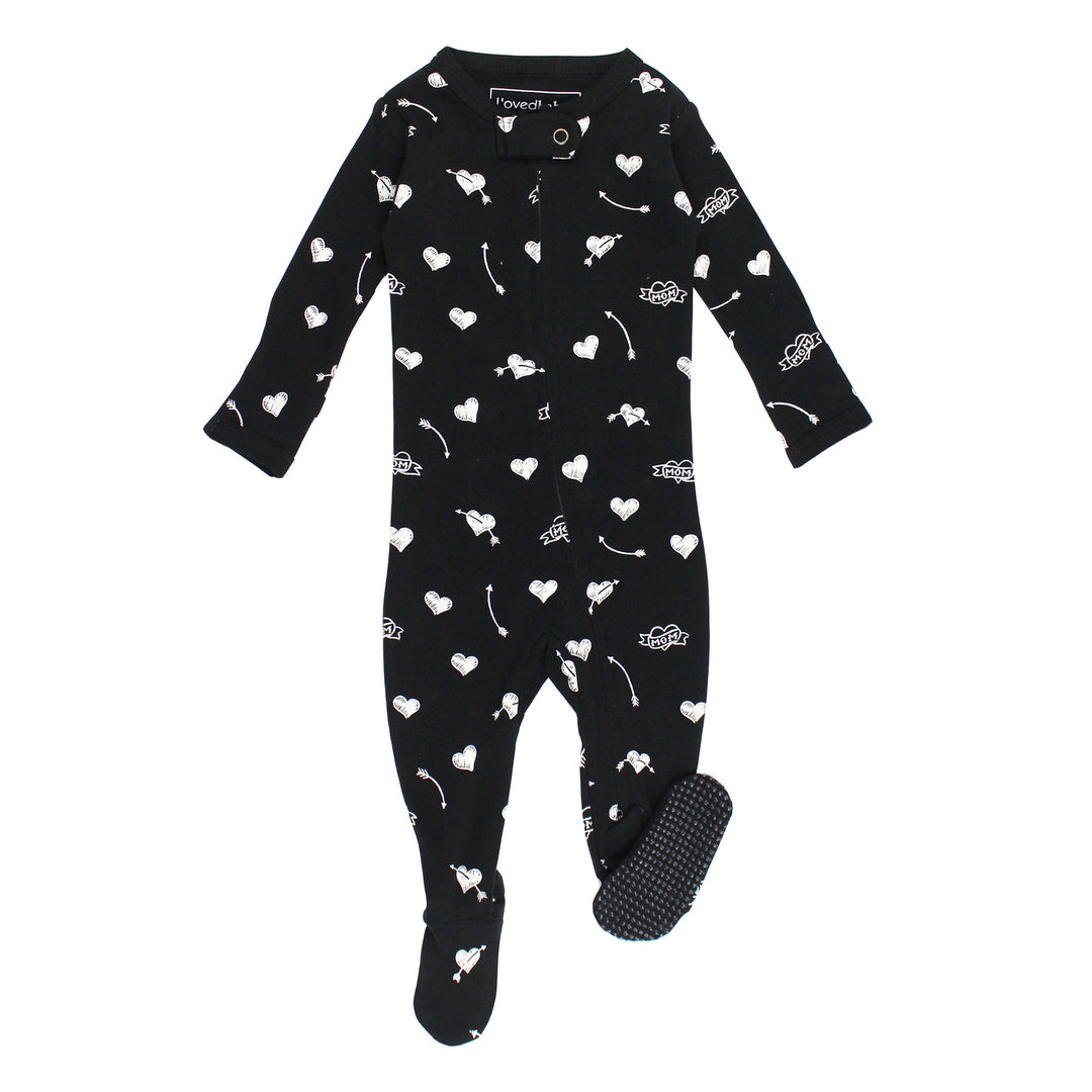Black baby onesie with white patterns on a white background
