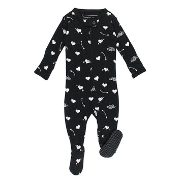 Black baby onesie with white patterns on a white background
