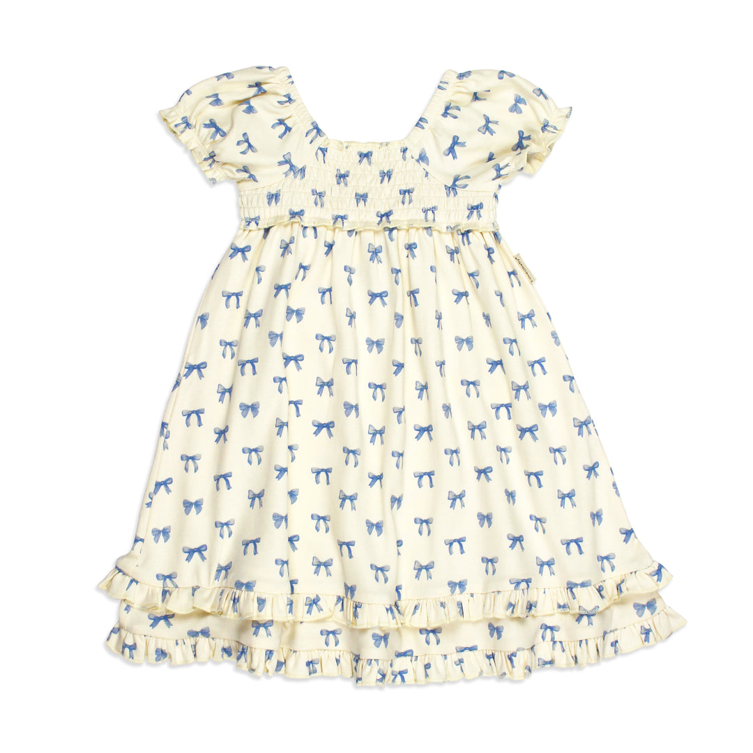 flat image of smocked princess sleeve dress in blue ribbon print