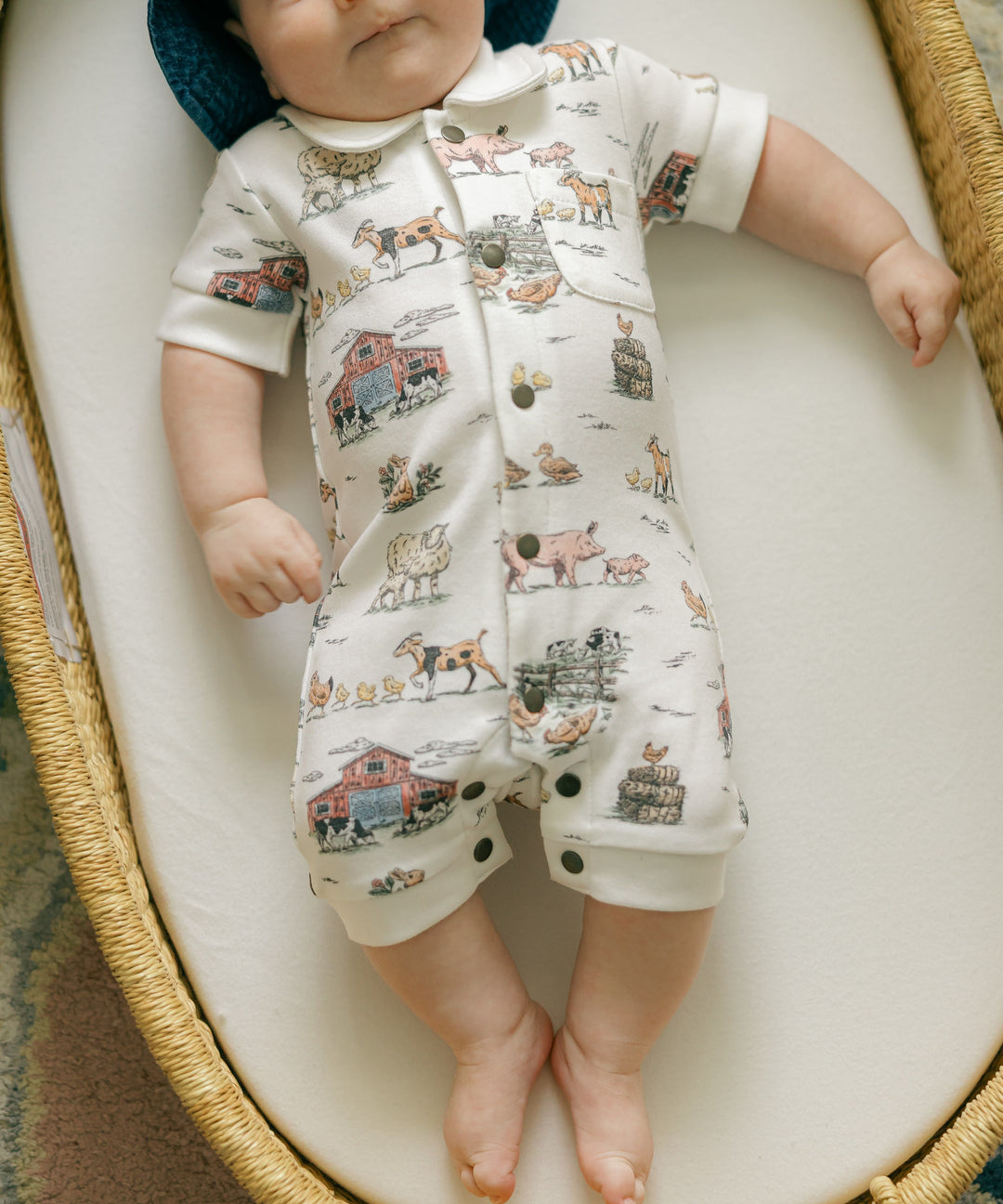 Child wearing Organic S/Sleeve Coverall in Farm Friends.