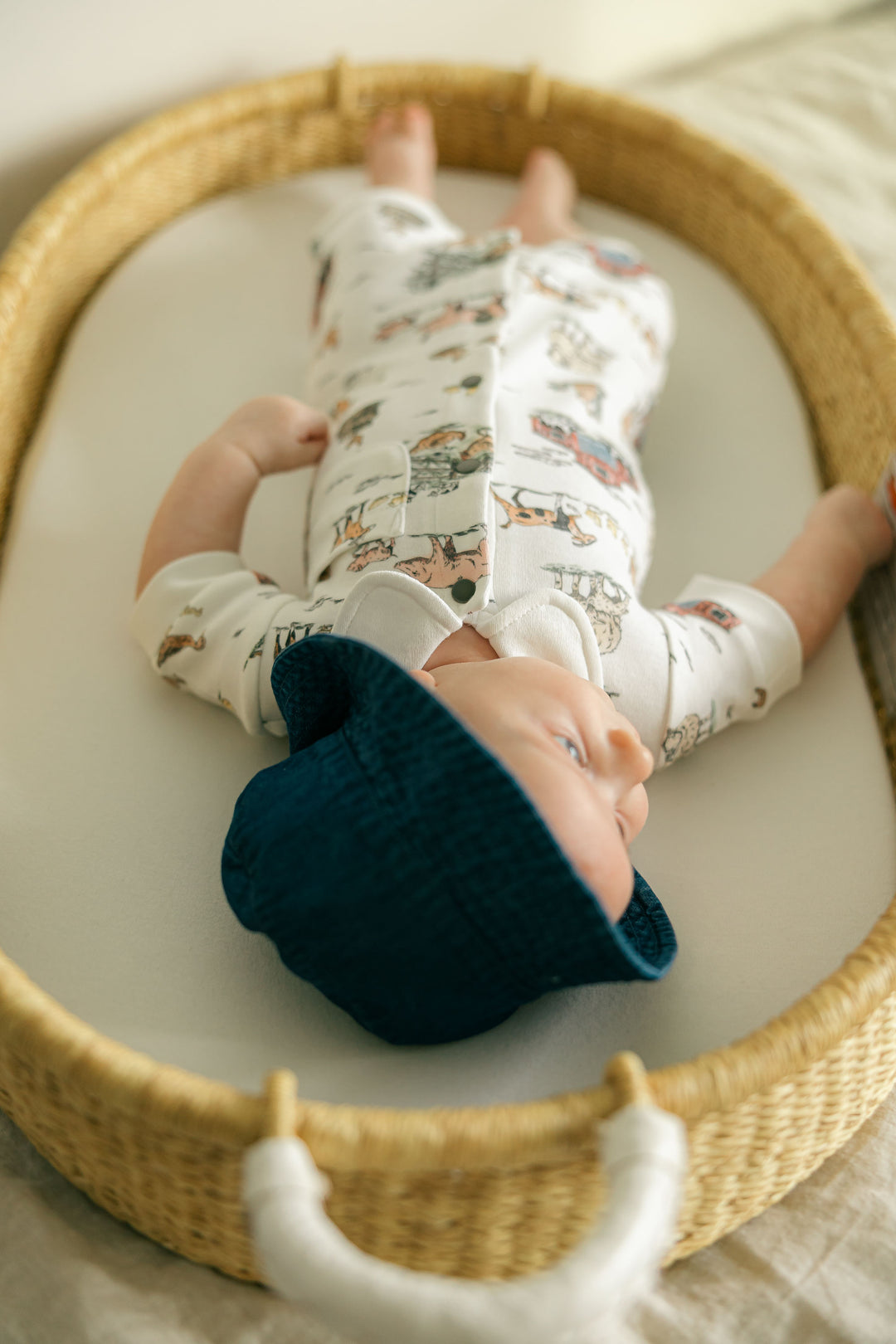 Child wearing Organic S/Sleeve Coverall in Farm Friends.