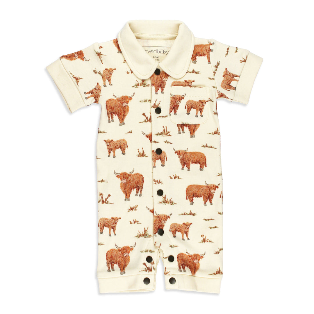 Organic S/Sleeve Coverall in Highland Cow.