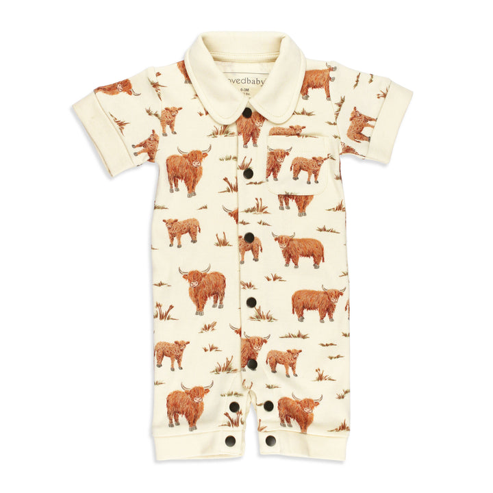 Organic S/Sleeve Coverall in Highland Cow.