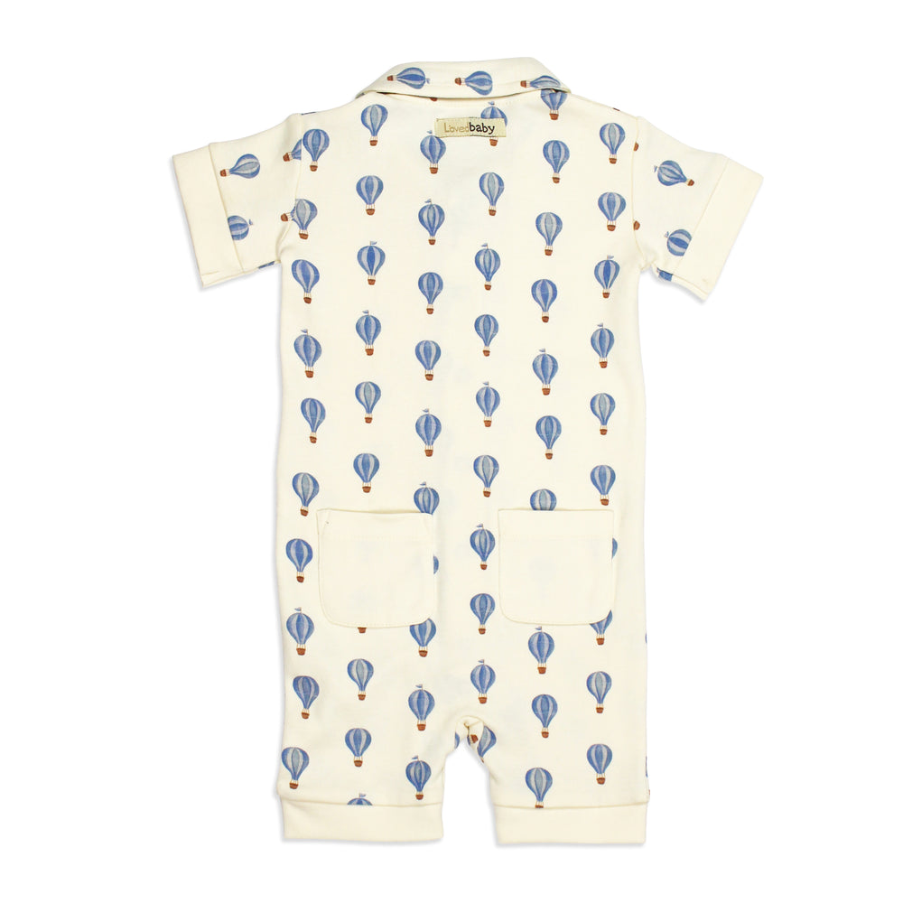 flat image of s/sleeve button-up coverall in blue hot air balloon print (back side)