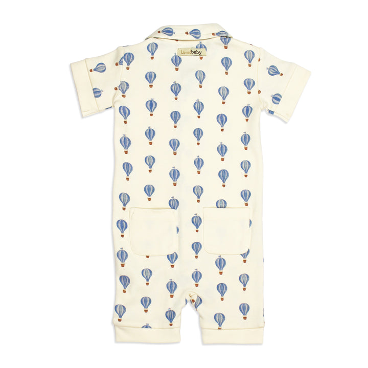 flat image of s/sleeve button-up coverall in blue hot air balloon print (back side)