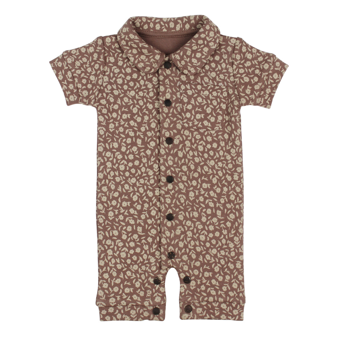Flat photo showing front side of S/Sleeve Coverall with latte base fabric and oatmeal colored floral print.