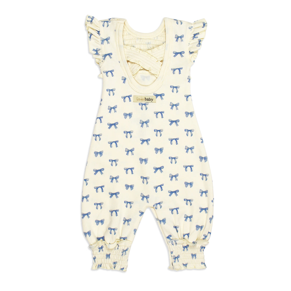 flat image of smocked x-back sleeveless romper in blue ribbon print (back side)