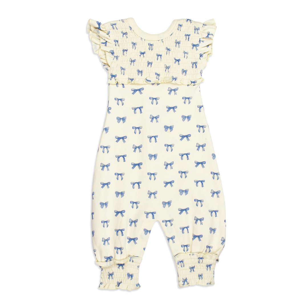 flat image of smocked x-back sleeveless romper in blue ribbon print (front side)
