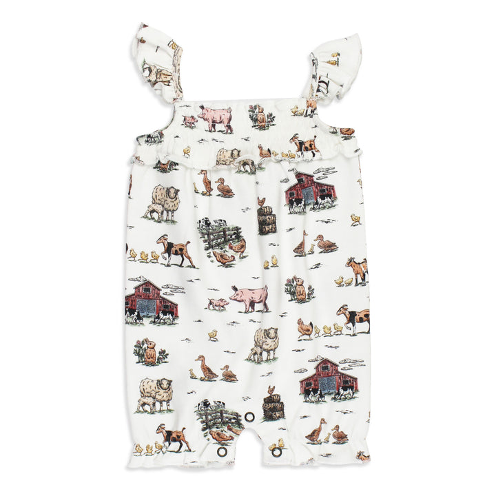 Organic Smocked Bubble Romper in Farm Friends.
