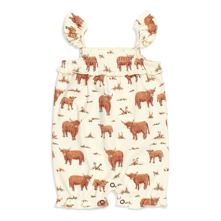 Organic Smocked Bubble Romper in Highland Cow.