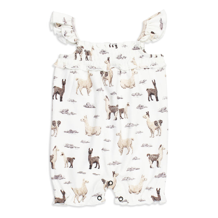 Organic Smocked Bubble Romper in Llama.