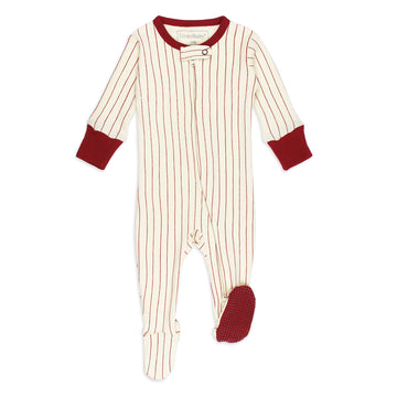 Organic Cuffed Zipper Footie in Crimson Pinstripe.