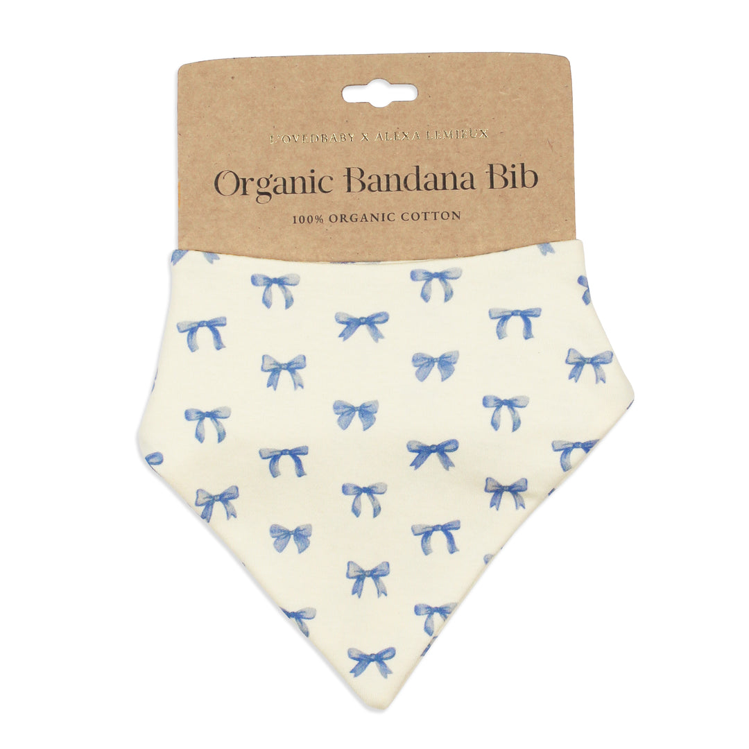 flat image of single bandana bib in blue ribbon print on kraft color card stock packaging