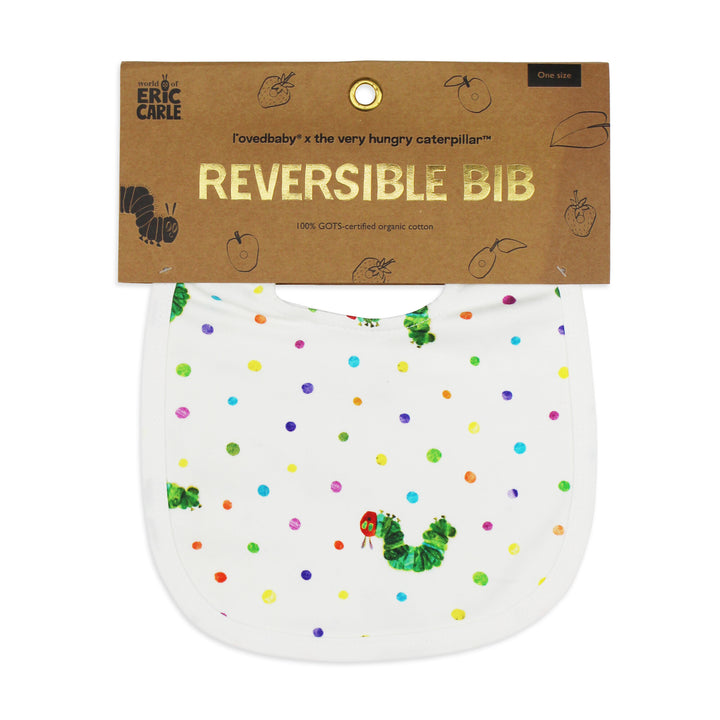 Packaging for Organic 2-Layer Reversible Bib in Caterpillar.