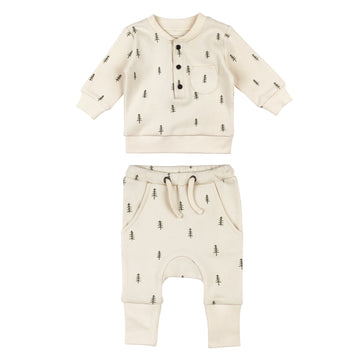 Organic Henley Sweatshirt & Jogger Set in Buttercream Tree.
