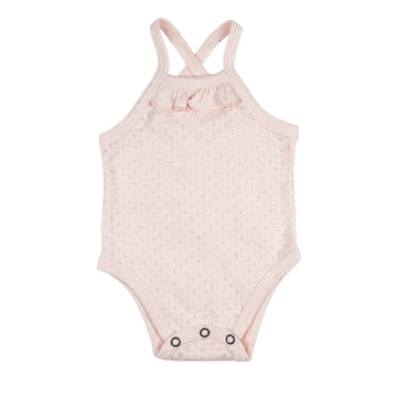 Organic Pointelle Ruffle Criss-Cross Bodysuit in Cotton Candy.