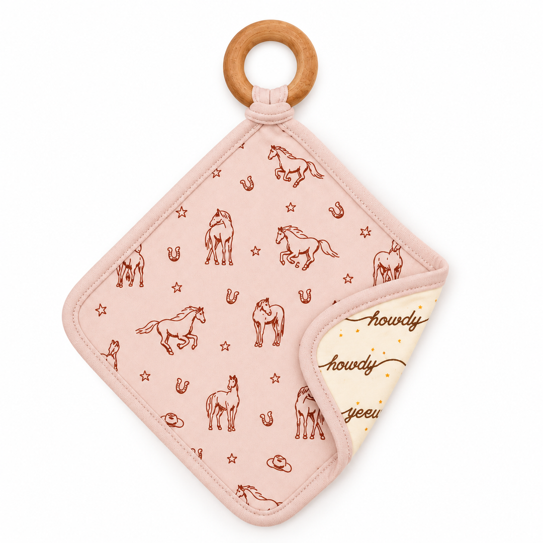 Organic Lovey with Removable Teething Ring in Rodeo Rose, Flat