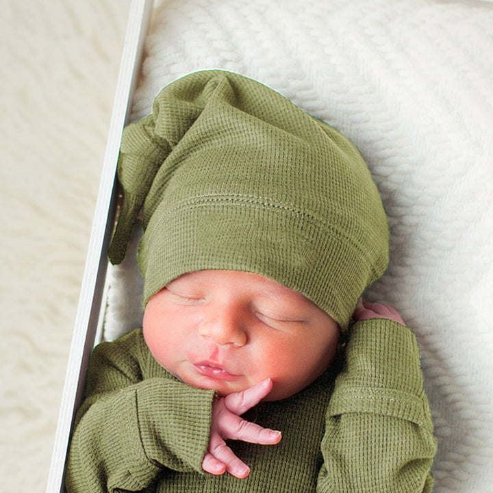 Child wearing Organic Thermal Knotted Cap in Sage