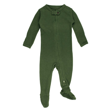 Organic Thermal 2-Way Zipper Footie in Forest, a deep green color.