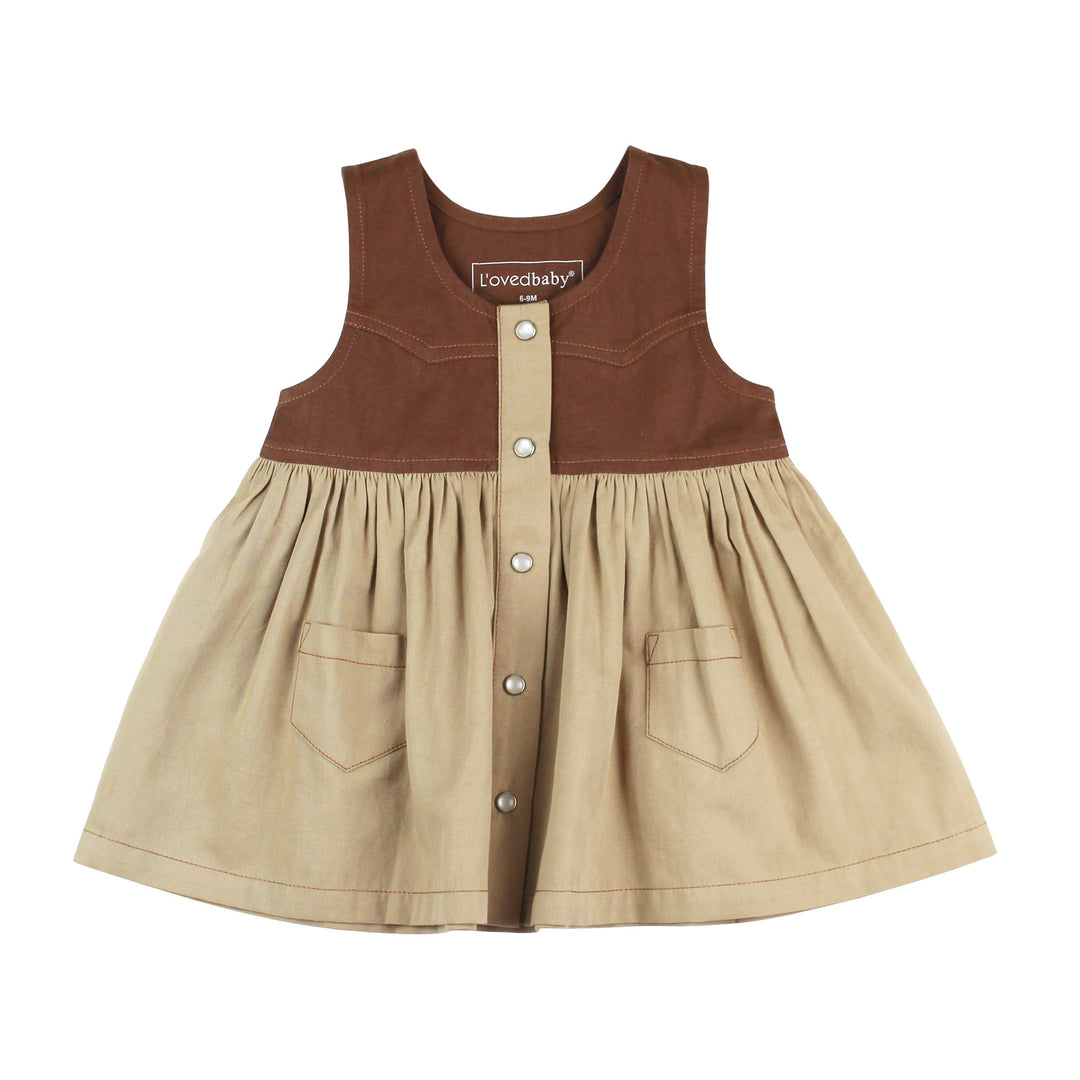 Organic Sleeveless Western Dress in Oatmeal, a light tan color.