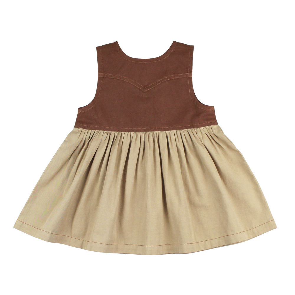 Back view of Organic Sleeveless Western Dress in Oatmeal, a light tan color.