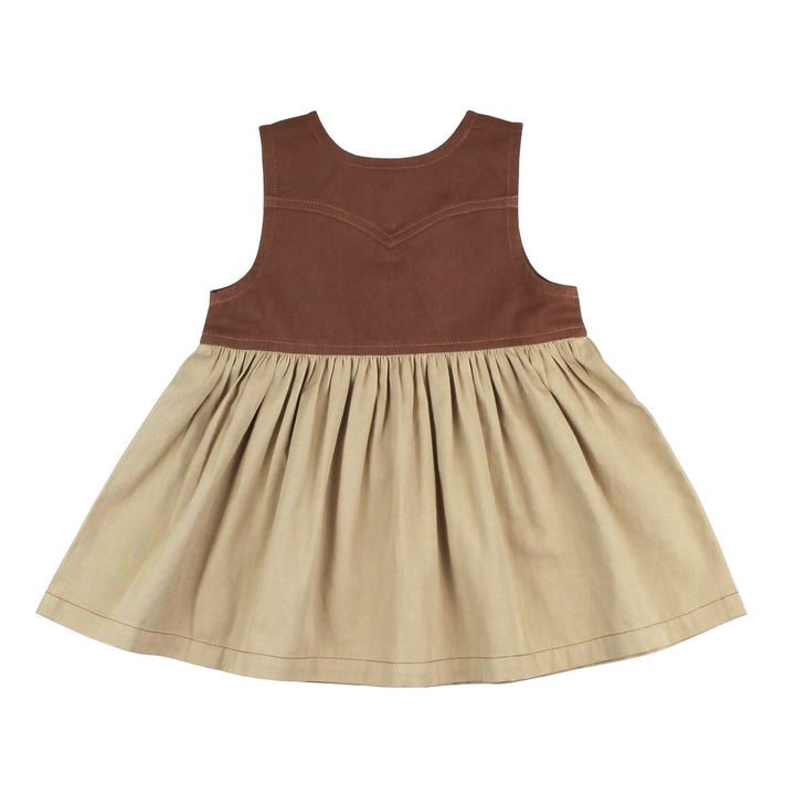 Back view of Organic Sleeveless Western Dress in Oatmeal, a light tan color.