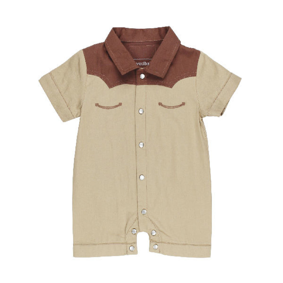 Beige and brown baby romper with collar on a white background