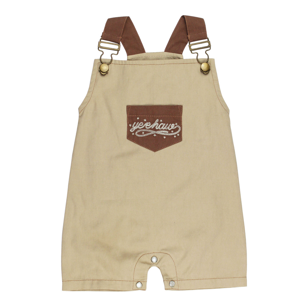 Organic Twill Sleeveless Overall in Oatmeal, a light tan color.