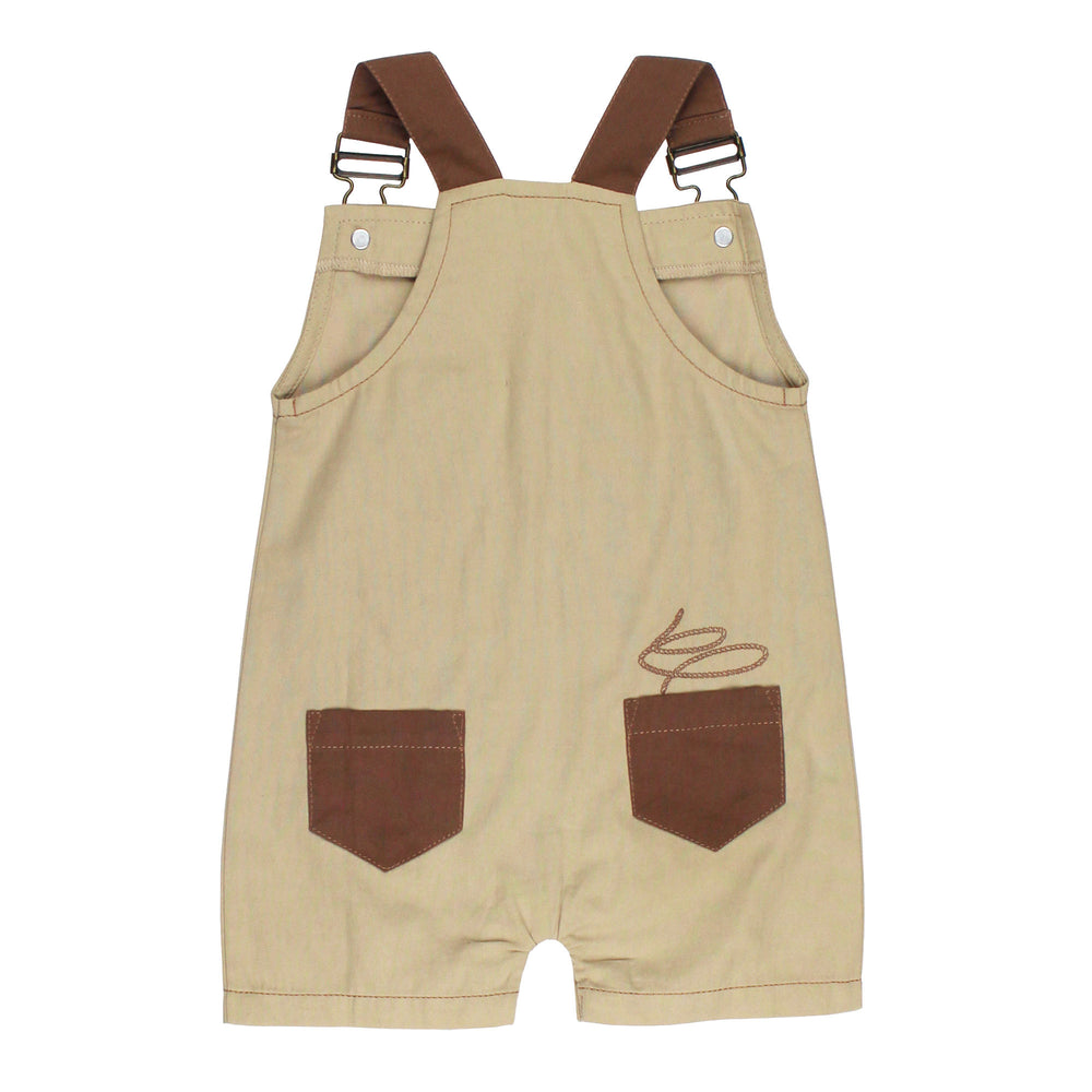 Back view of Organic Twill Sleeveless Overall in Oatmeal, a light tan color.