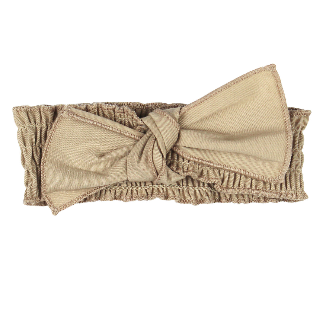 Organic Twill Smocked Headband in Oatmeal, a light tan color.
