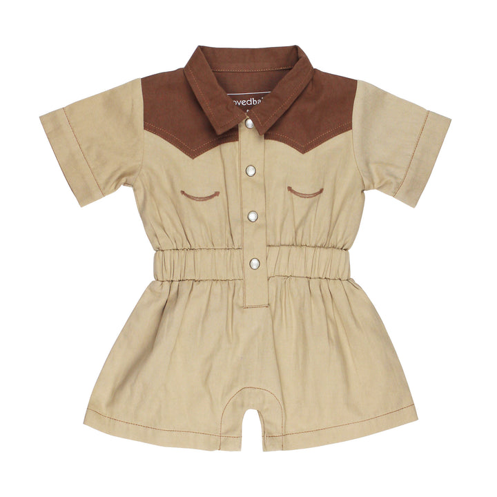 Organic Western Romper in Oatmeal, a light tan color.