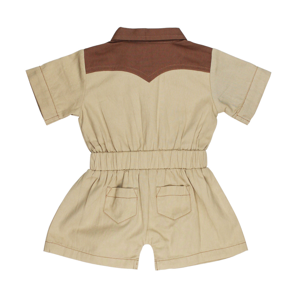 Back view of Organic Western Romper in Oatmeal, a light tan color.