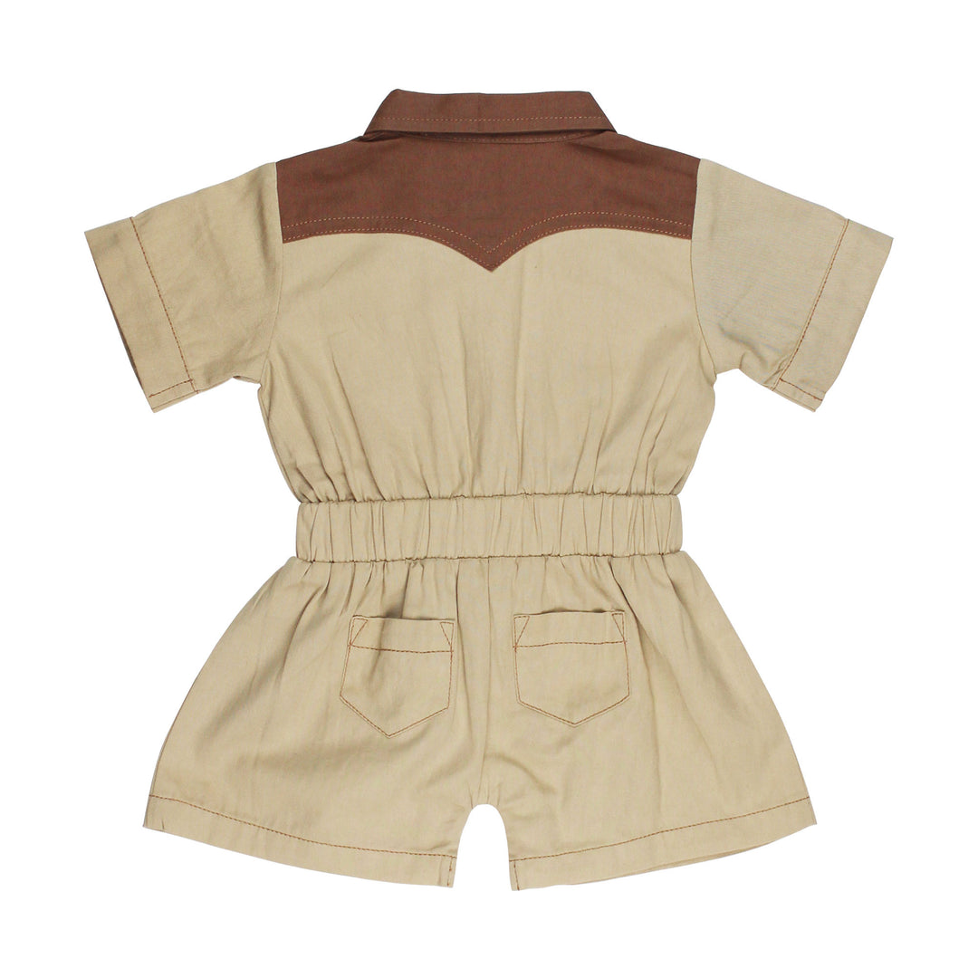 Back view of Organic Western Romper in Oatmeal, a light tan color.