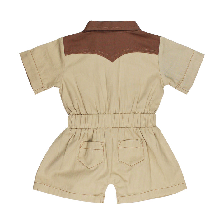 Back view of Organic Western Romper in Oatmeal, a light tan color.