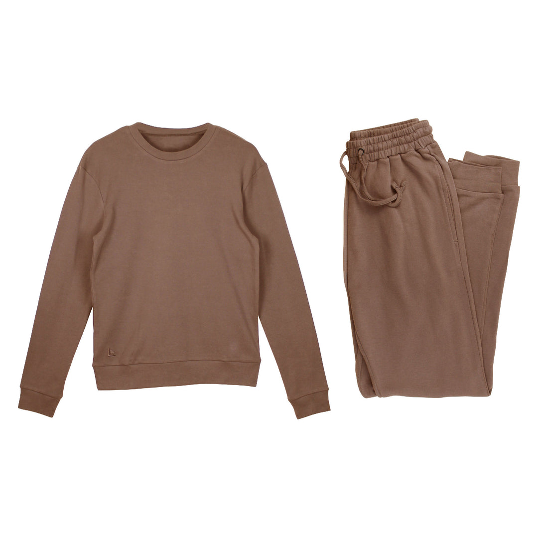 Brown sweatshirt and pants set on a white background