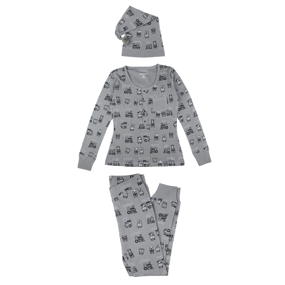 Women's Holiday Thermal PJ & Cap Set in Tinsel Train.