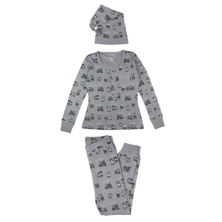 Women's Holiday Thermal PJ & Cap Set in Tinsel Train.