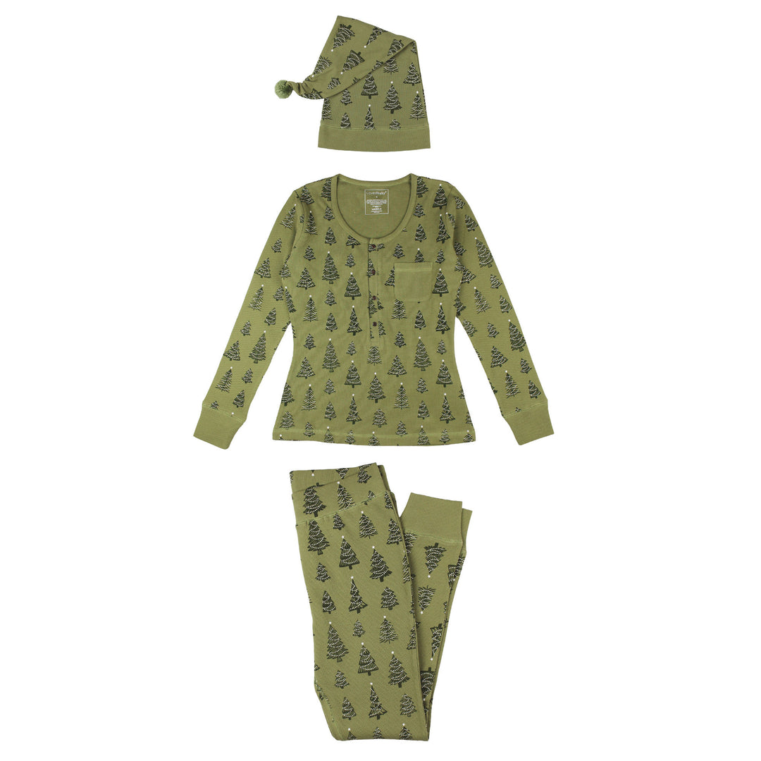 Women's Holiday Thermal PJ & Cap Set in Twinkle Tree.