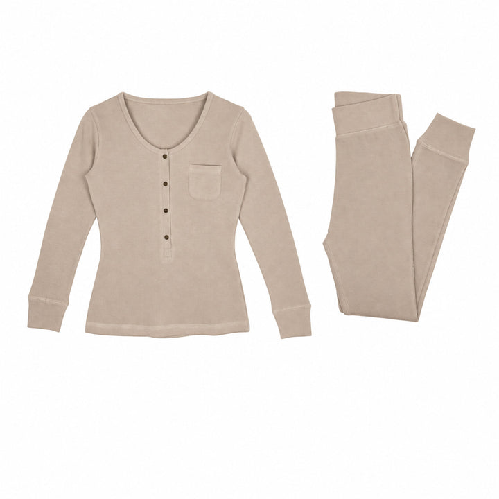 Women's Organic Thermal Lounge Set in Oatmeal, a light tan color.