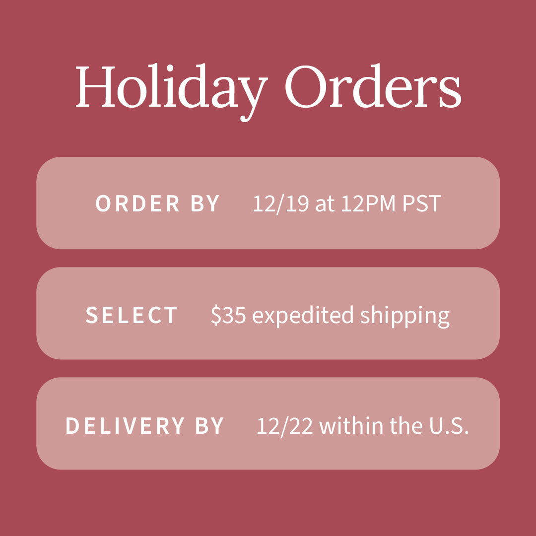 Muted red background with white header text and 3 muted pink boxes with rounded corners. Boxes contain white text. Text reads from top to bottom: "Holiday Orders. Order by 12/19 at 12PM PST. Select $35 expedited shipping. Delivery by 12/22 with the U.S."