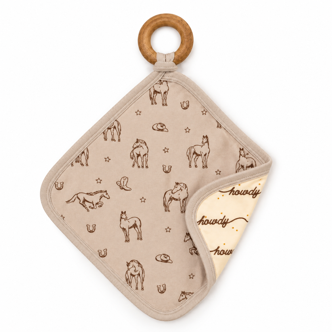 Organic Lovey with Removable Teething Ring in Mini Buckaroo.