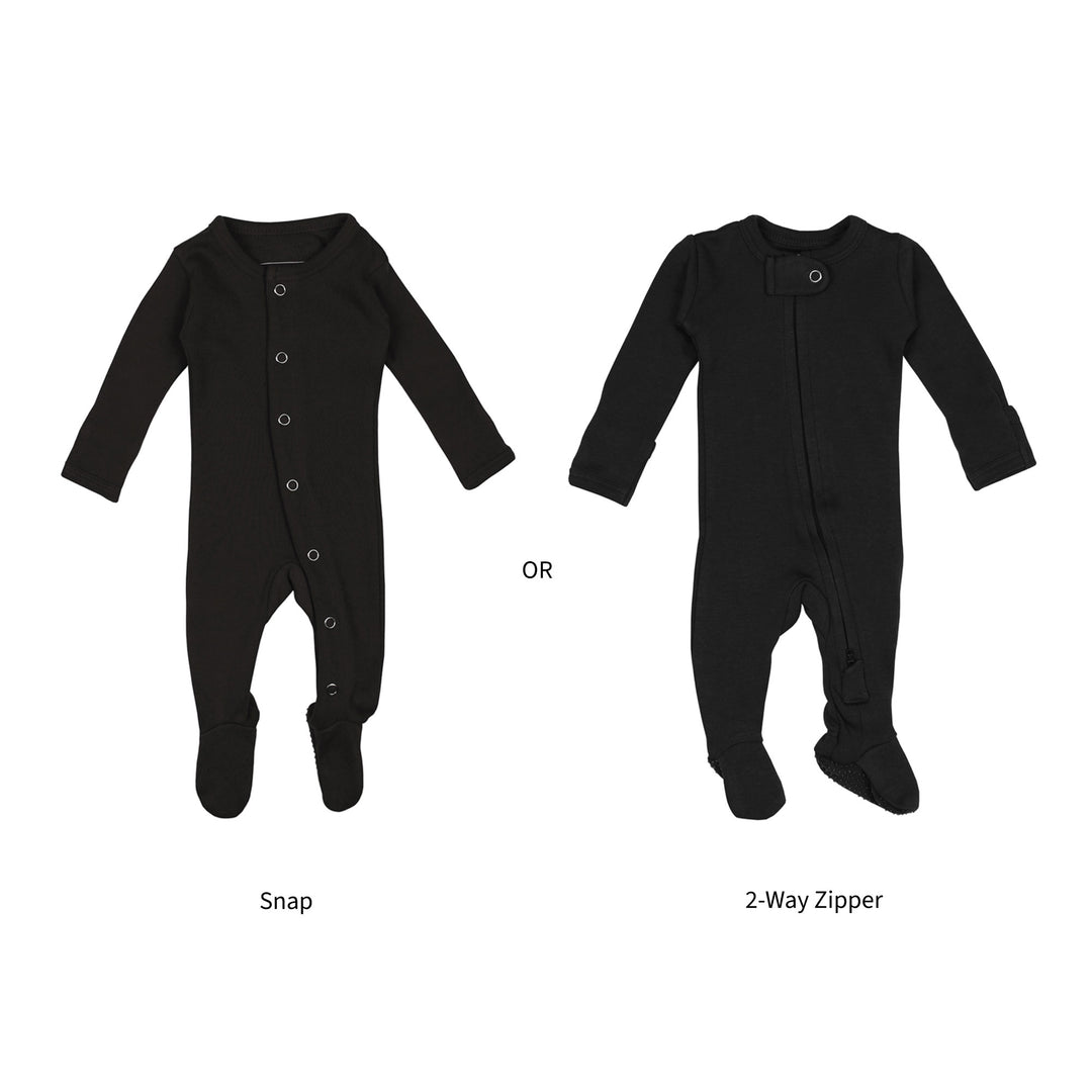 Flat image showing both snap and zipper footies in black