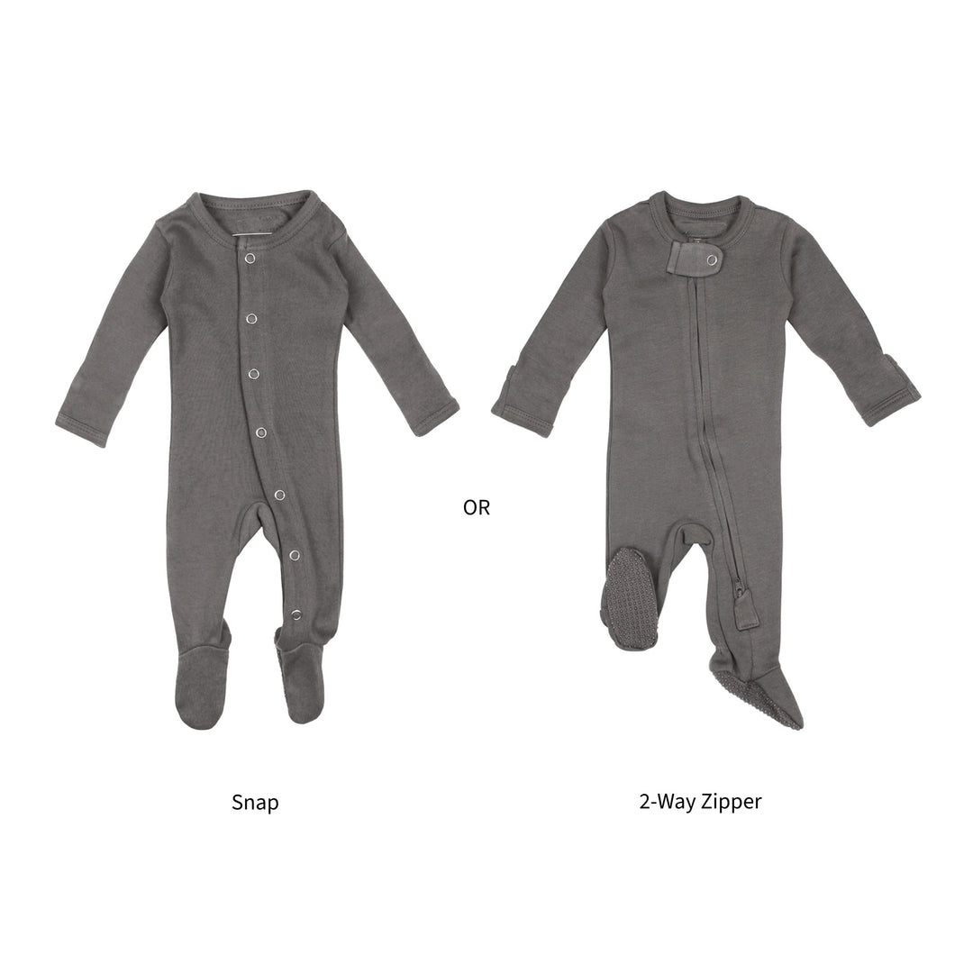 Flat image showing both snap and zipper footies in gray